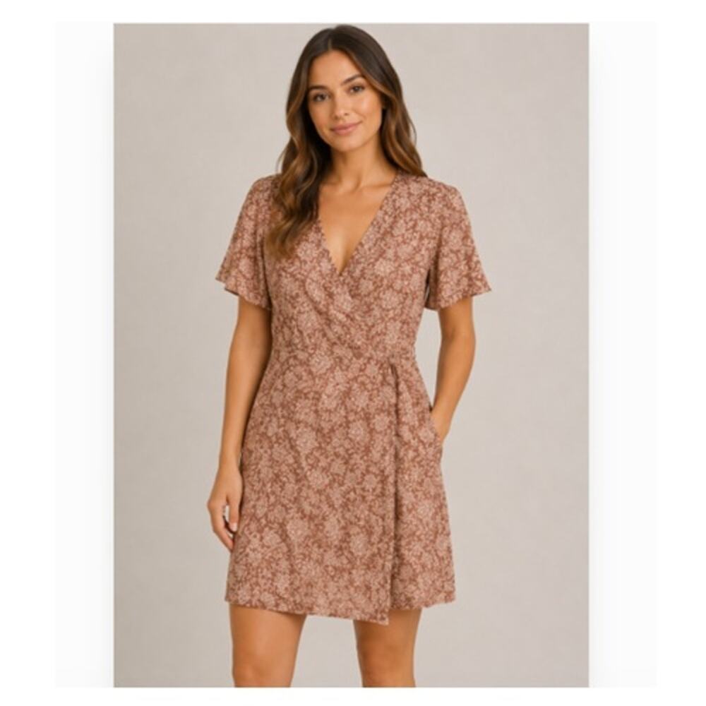 Faherty Wrap Mini Dress Womens Small Brown Floral Short Sleeve Boho Casual Linen
